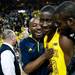Michigan freshman Caris LeVert celebrates with teammates after defeating Michigan State on Sunday, Mar. 3. Daniel Brenner I AnnArbor.com